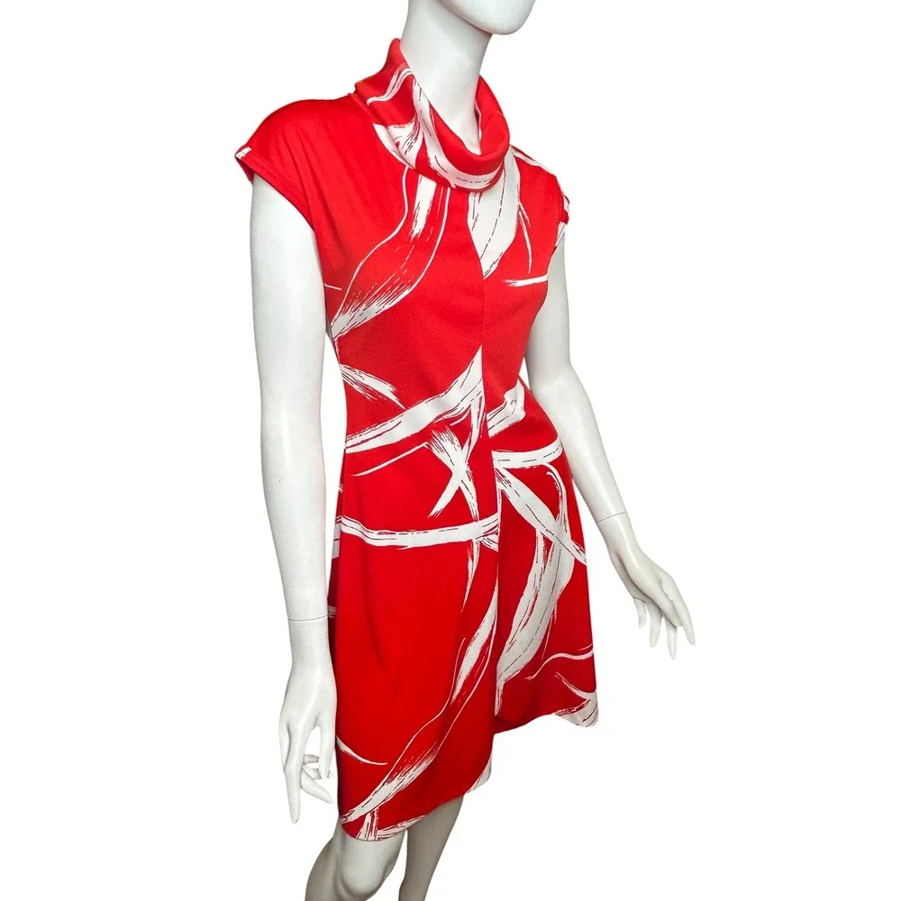 Vintage 70s Dress Red Abstract Cowl Neck Small